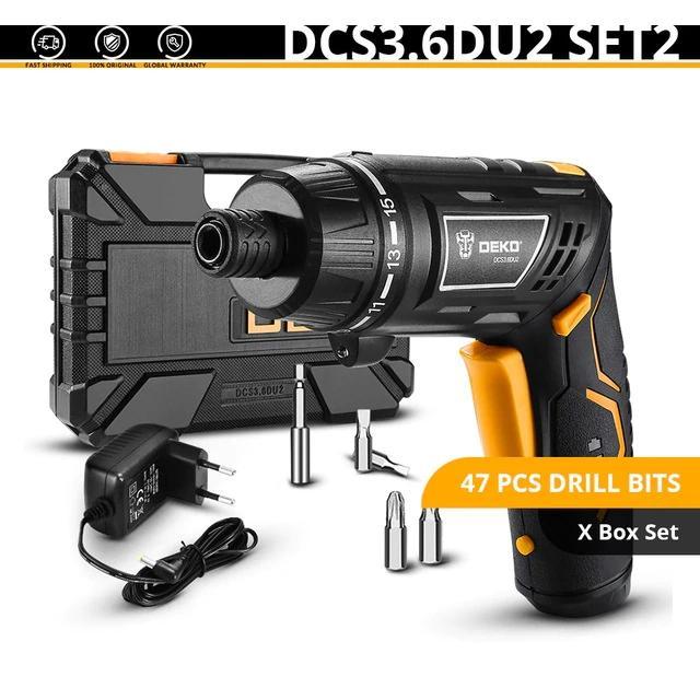 Аккумуляторная отвертка-трансформер DEKO DCS3.6DU2-Li-ion + набор инструментов 47 шт, 5 Нм, 1.3Ач, з/у, Фонарь
