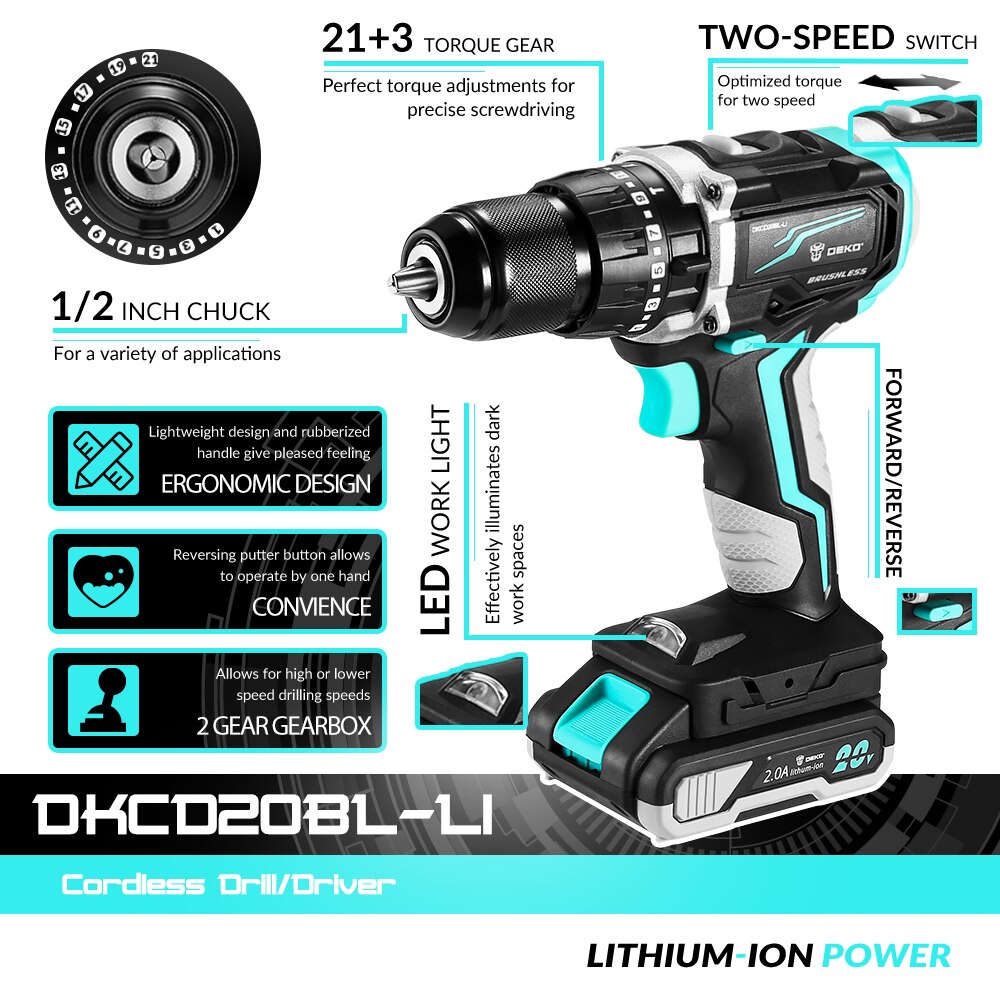 DEKO DKCD20BL-LI 20V Аккумуляторная бесщеточная ударная дрель с 2 режимами скорости