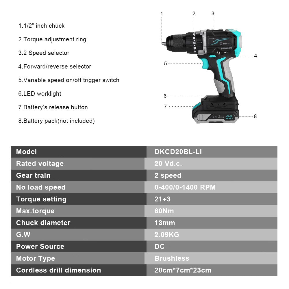 DEKO DKCD20BL-LI 20V Аккумуляторная бесщеточная ударная дрель с 2 режимами скорости