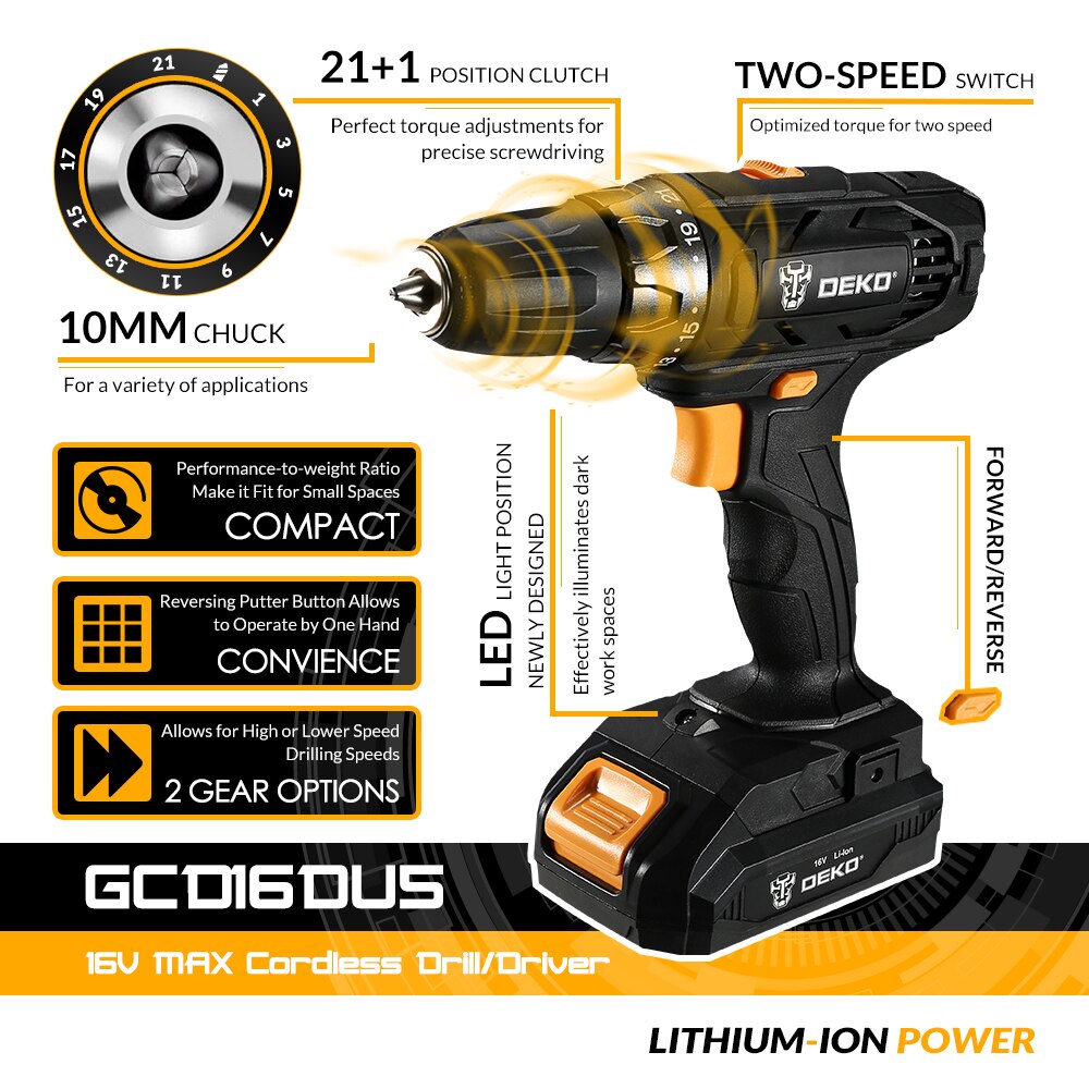 Аккумуляторная Дрель-шуруповерт DEKO GCD16DU5, 16 В, Сменный Литий-ионный Аккумулятор, 2 скорости