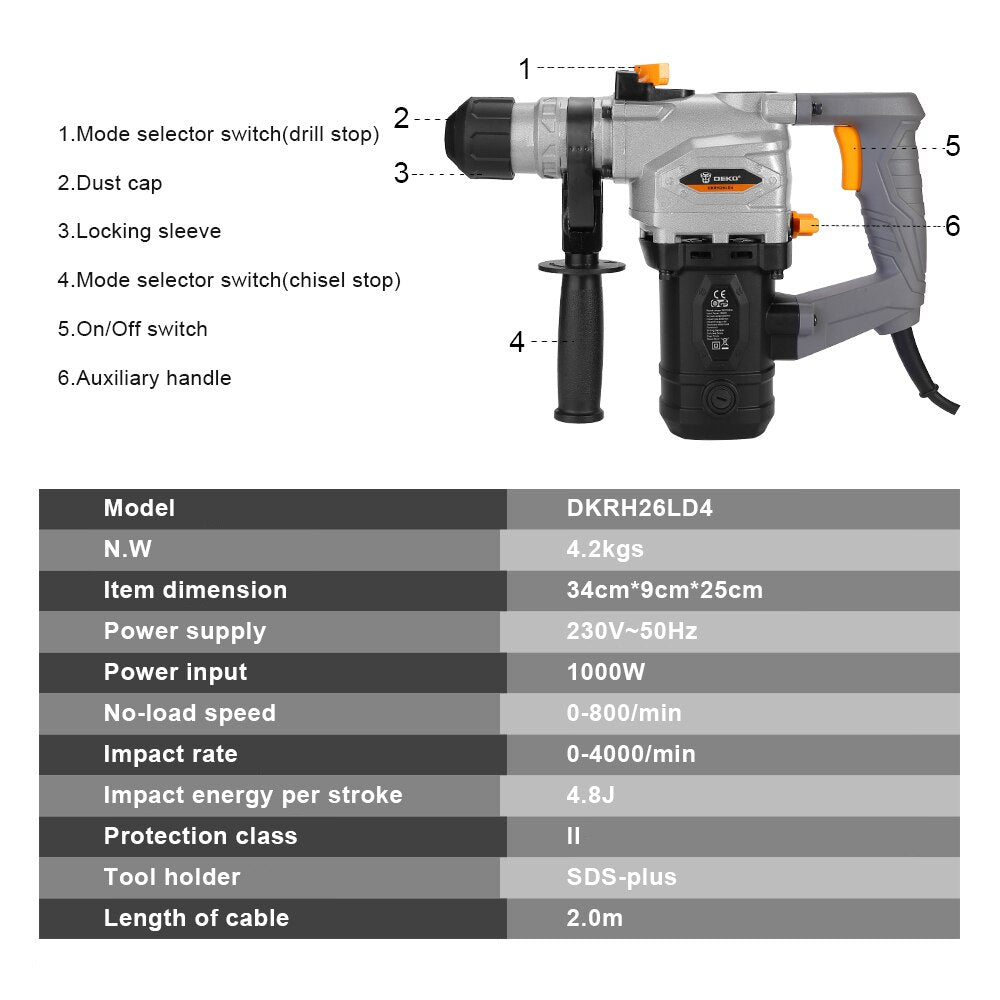 Электрический Перфоратор Ударная Дрель DEKO DKRH26LD4, 230 В, Прочный BMC Чемодан, Аксессуары, Сверла